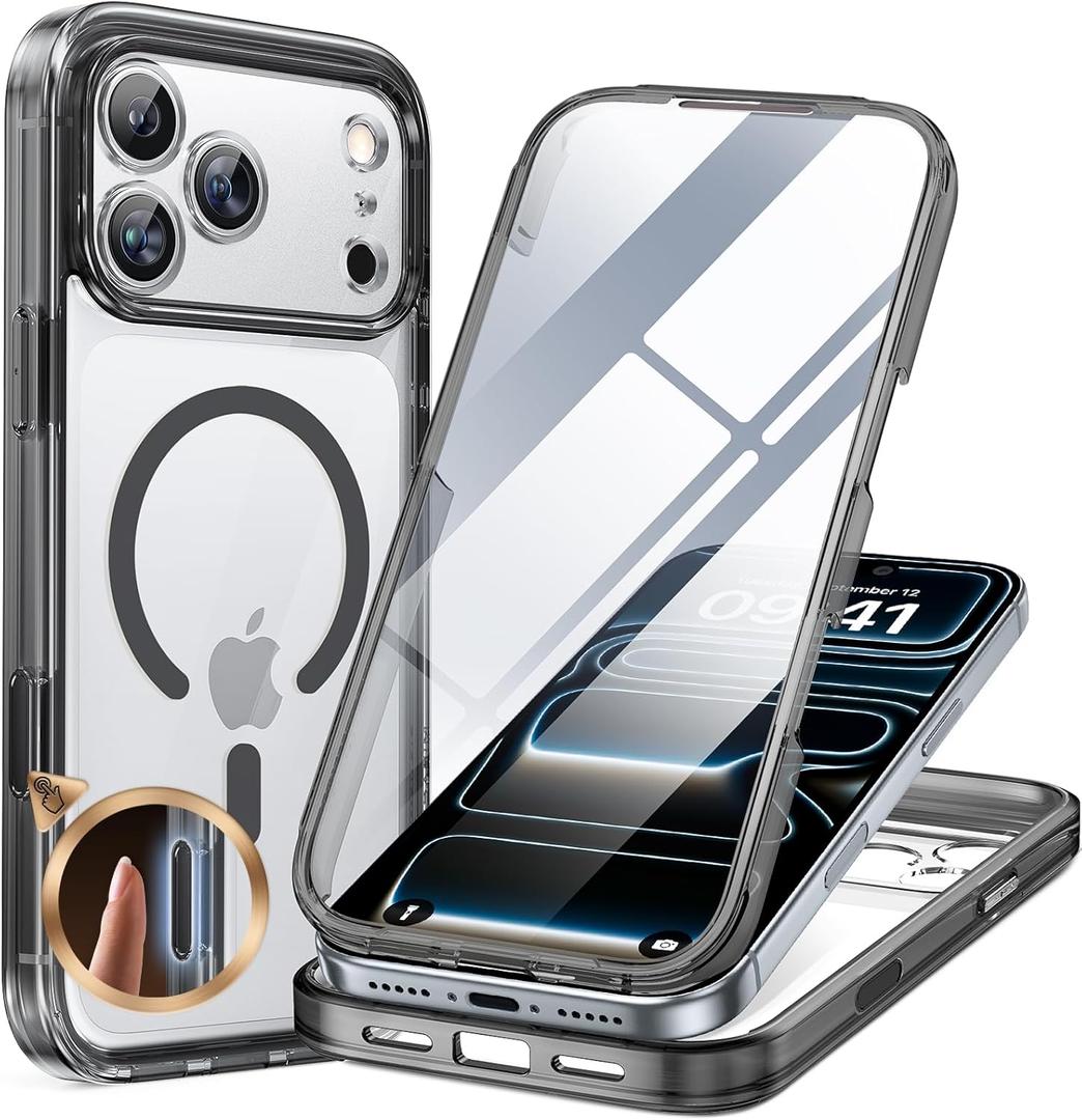 Miracase Magnetic for iPhone 17 Pro Case 6.3" [Compatible with MagSafe] Full-Body Phone Case with Built-in Glass Screen Protector & Camera Control,Drop Proof iPhone 17 Pro Cover, Clear Black