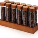 12-Pack Single Dose Coffee Bean Storage Tubes with Pine Wood Stand  Airtight Glass Vials for Fresh Coffee, Tea, and Spices (2 oz, Clear/Brown)