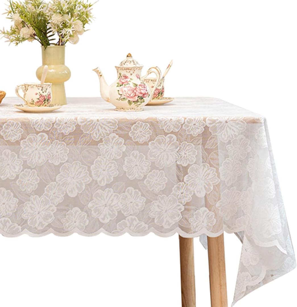 Jayla White Lace Tablecloth 54 X 80 Inches Rectangle Camellia Flower Embroidered Wedding Table Cloths for Outdoor Party Reception, Dinner Party, Baby Shower, Tea Decorations, Home Decor