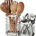 Utensil Holder, Stainless Steel Utensil Drying Rack for Kitchen Counter, Silverware Cutlery Flatware Holder Forks, Knives, Spoons, Chopsticks Organizer (Tall & Short, Silver)