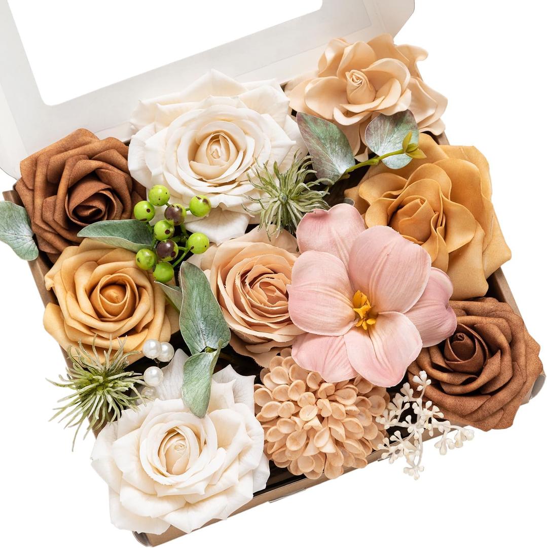 Ling's Moment Fake Flowers Box, Artificial Faux Greenery Stems Silk Roses Foam Tulips for Wedding Bouquets Centerpieces Table Decorations Backyard Floral Arrangement, Apricot & Peach, Mini Combo