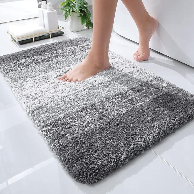 Smiry Microfiber Bath Mat, 40 x 60 cm, Non-Slip Super Absorbent Bathroom Mat, Extra Soft Thick Floor Foot Mat, Fluffy Shaggy Bath Mats Rugs for Bathroom, Grey