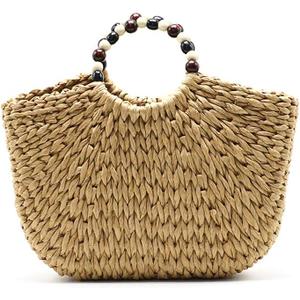 Fashion Women Summer Retro Straw Tote Bag Hand-woven Boho Beach Big Handbag with Beaded Handle (Khaki)