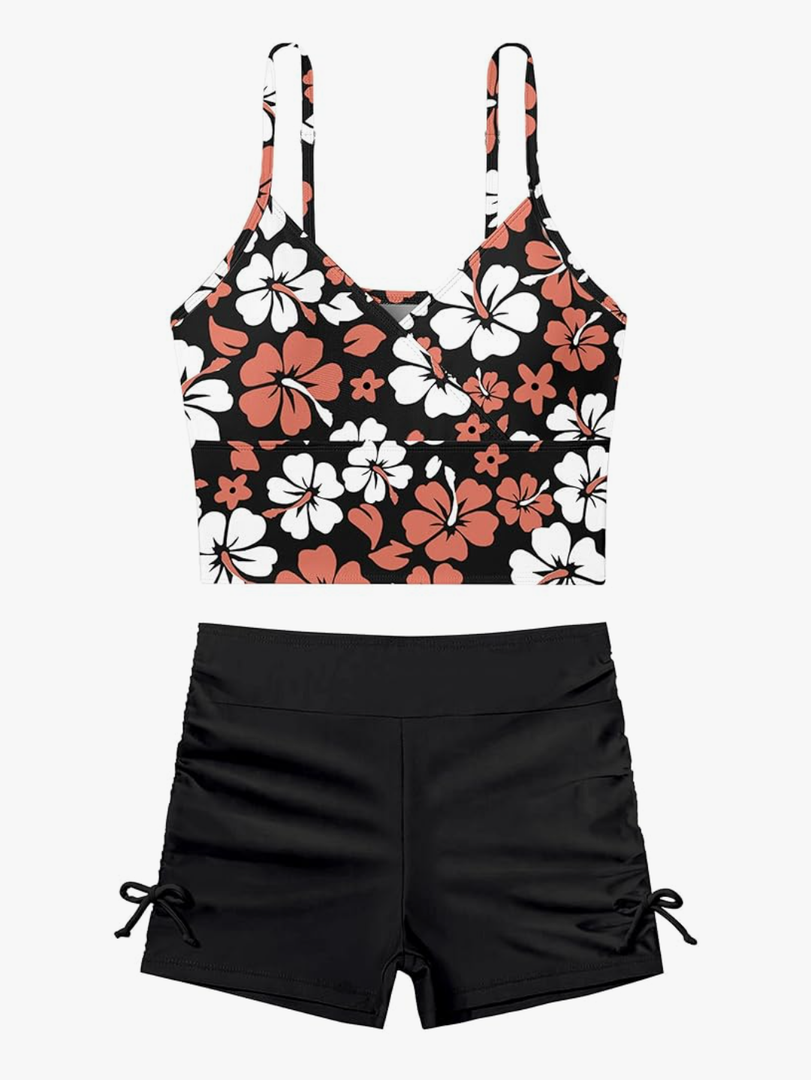 Girls Swimsuit V-neck Floral Print Tankini Solid Color Shorts Swimsuits for Teen Girls 2Pcs Set Bathing Suits For Girls, Size 15-16 Years