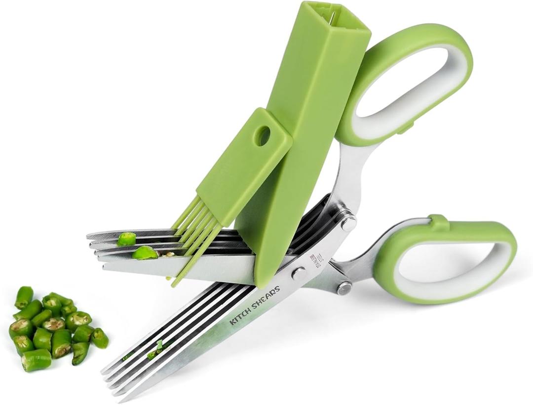 KitchShears Herb Scissors with 5 Blades and Cover - Premium Quality Stainless-Steel Herb Cutter for Kitchen & Garden Herbs - With safety Cover and Cleaning Comb - Dishwasher Safe & Easy to Clean (Green- Pack of 3)