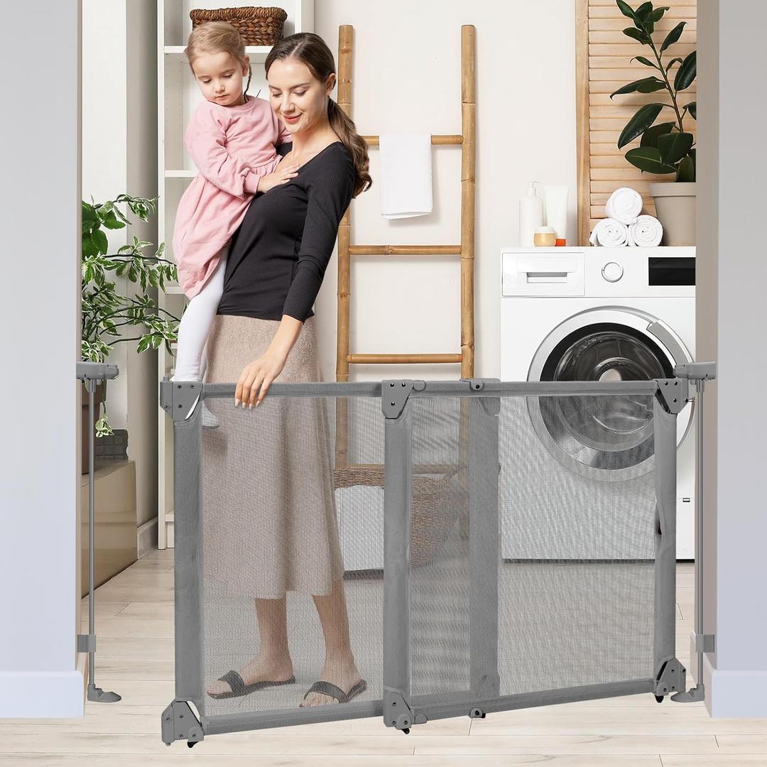 No Bottom Bar Baby Gate for Stairs, 34-55 Safety Dog Gate with Large Walk Thru Door, Mesh Pet Gates for Doorways, Dual Openings Swinging Baby Gate Indoor/Outdoor, Gray