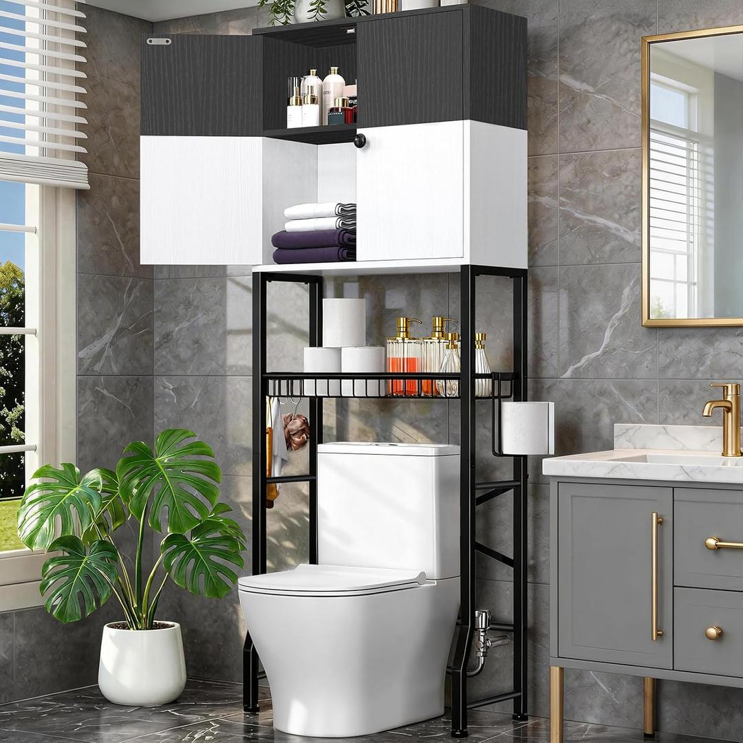 Over-The-Toilet Storage Rack, 4-Tier Bathroom Organizer Shelf Over Toilet with Barn Doors Cabinet and Basket, Freestanding Space Saver Bathroom Shelves with Paper Holder Above Toilet (Black & White), Large