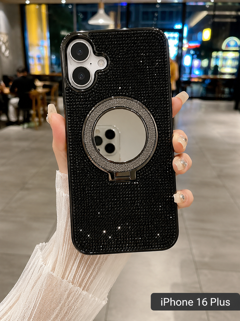 Caseative for iPhone 16 Plus Case,Glitter Bling Diamond Mirror with Stand Holder Magnetic Compatible with MagSafe Wireless Charging (Black,16 Plus)
