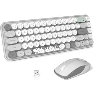 FOPETT Wireless Keyboard and Mouse Cute Mouse and Keyboard 2.4G Wireless Keyboards with Colorful 68 Keys Typewriter Retro Round Keycap for PC, Laptop,Tablet,Computer Windows - Grey Colorful
