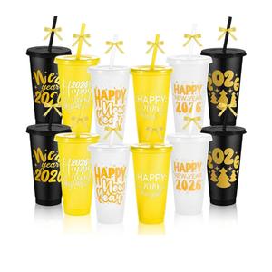Yoiemivy 12 Pack Happy New Years Cups with Lids and Straws 2026 Reusable New Year Eve Gifts Cups Bulk 24 oz Holiday Plastic Drinking Tumblers for Nye Party Favors Supplies