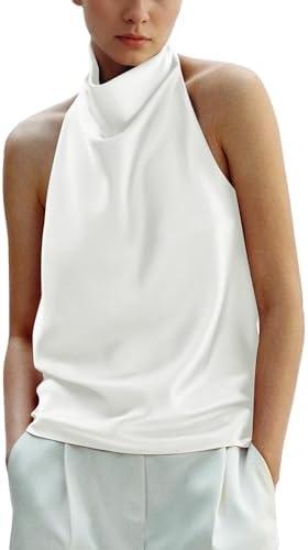 Maohao Women's Silk Satin Tank Tops Halter Draped Front Sexy Backless Womens Summer Tops Elegant Camisole Tops, Medium