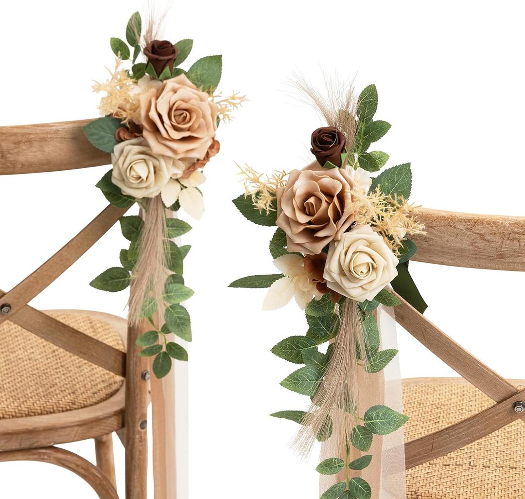 Ling's moment 8 Wedding Artificial Aisle Pew Flowers Chair Decorations Arrangements with Chiffon Ribbons Begie for Ceremony Reception Chair Back Floral Decor Reception Church Party Outdoor