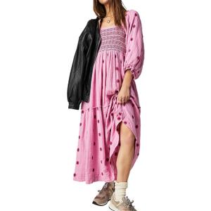 ABYOVRT Women Floral Embroidered Maxi Dress Long Puff Sleeve Square Neck Bohemian Flowy Dress with Pockets Summer Fall (Small, Pink)