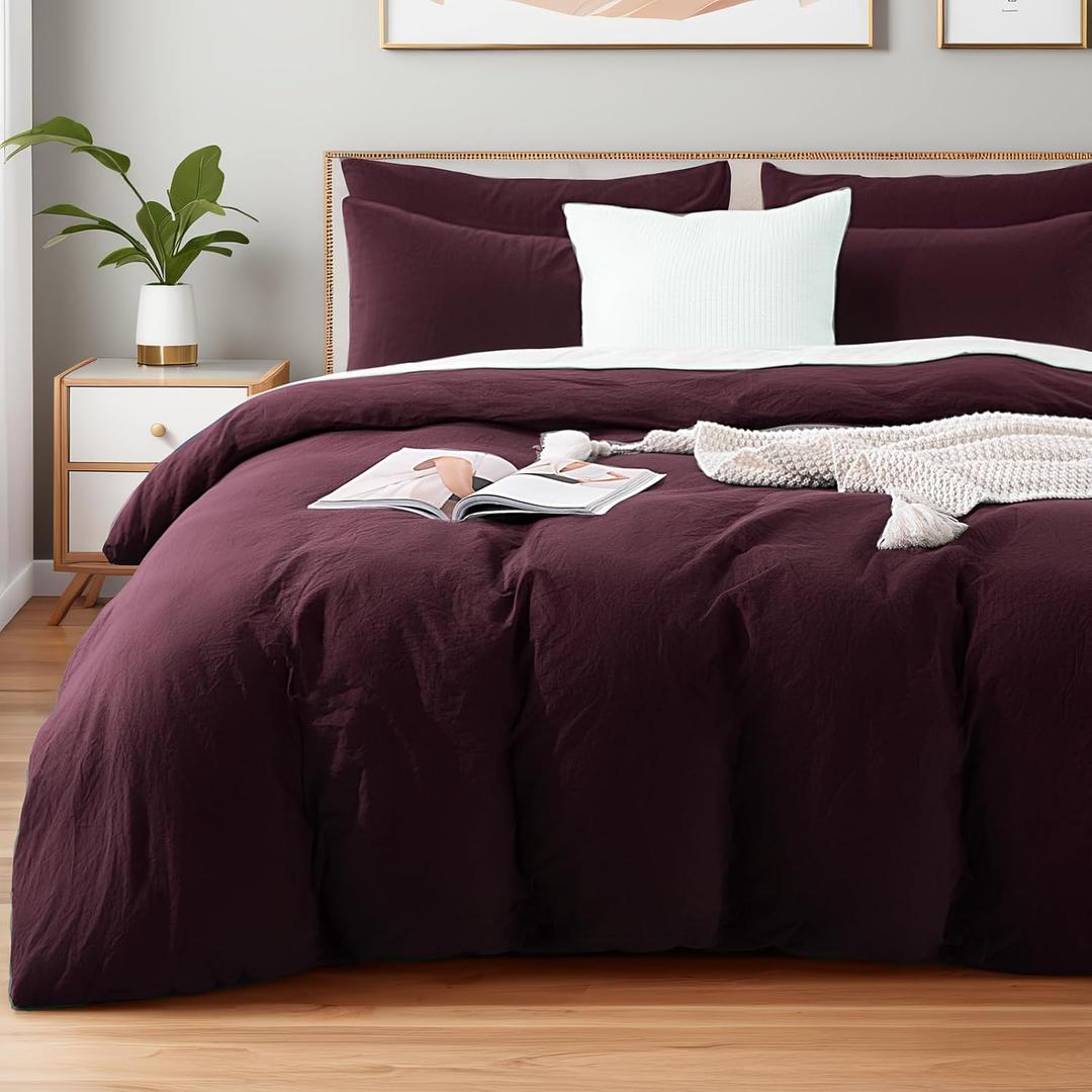 NEXHOME PRO Oversized King Duvet Cover Set  100% Certified Organic Cotton with Washed Feel & Linen-Like Texture, Comfortable & Breathable, Home Bedding Set Burgundy (No Comforter) 12098N