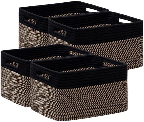 UBBCARE 4 Pack Storage Baskets for Shelves, Baskets for Organizing, Cube Shelf Storage Bin with Handles, Woven Storage Basket, 13"L x 9"W x 7.5"H, Black&Brown