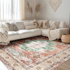 BESTSWEETIE 8x10 Area Rugs Machine Washable No Pile Non Slip Vintage Rugs for Living Room&Bedroom&Dinning Room Bohemian Distressed Carpet Indoor,Brick