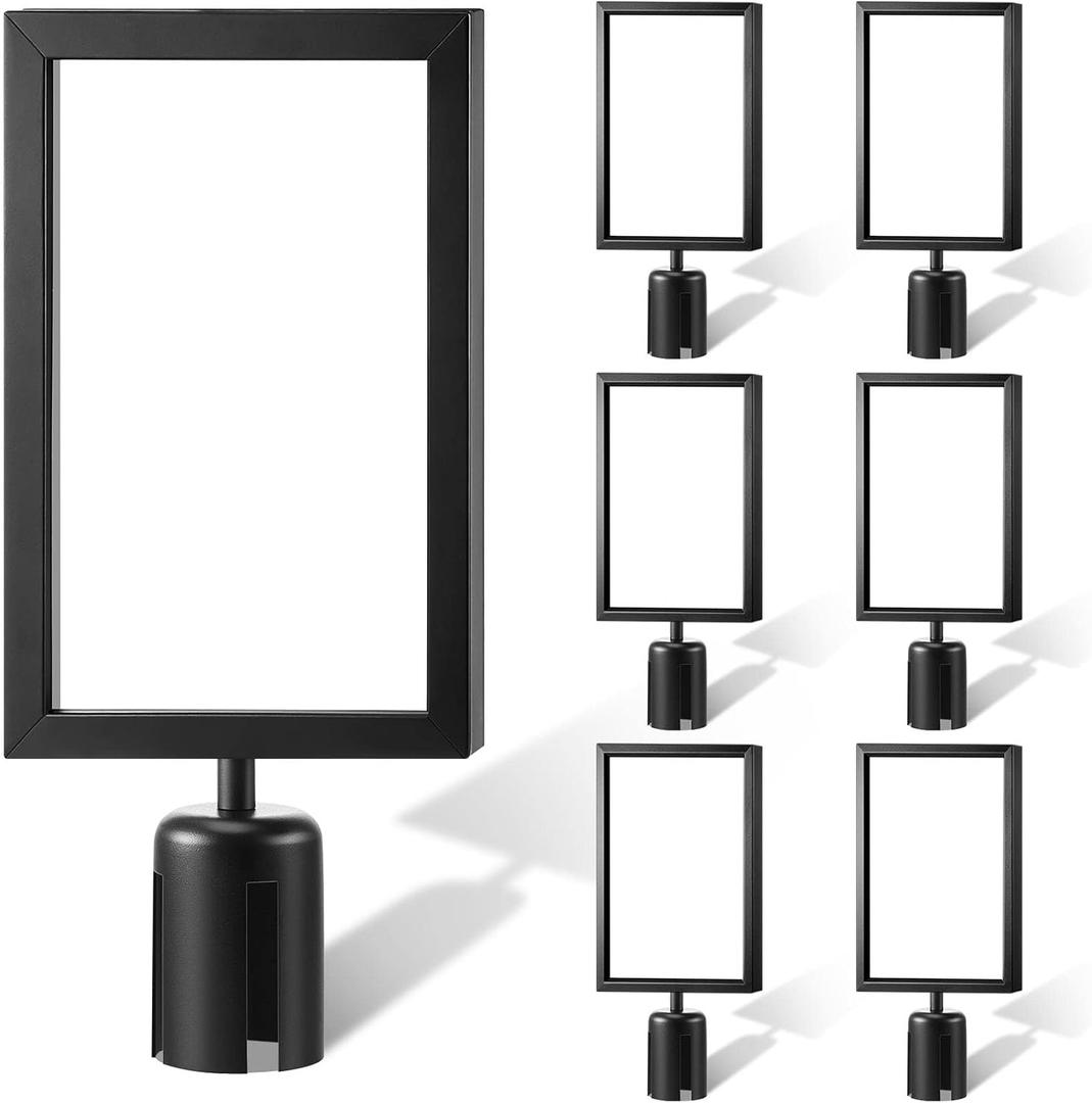 8 Pcs Stanchion Sign Holder Frame Portrait Top Stand Poster Display for 8.3 x 11.7 Inch Size Paper Double Sided Sign Frame with Cover for Crowd Control Sentry Stanchions (Black, Iron)