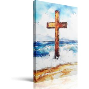 Rusted Cross on Beach Canvas Wall Art Framed Print Painting Christian Spiritual Coastal Wall Decor Artwork Poster Serene Ocean Waves Scene for Home Office Prayer Room Faith Based Decor 12x16 Inches