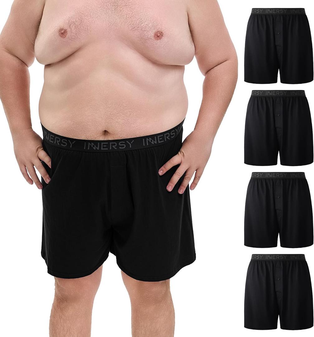 INNERSY Big and Tall Cotton Boxers for Men Moisture Wicking Loose Fit Underwear 4-Pack (Black, 4XL)