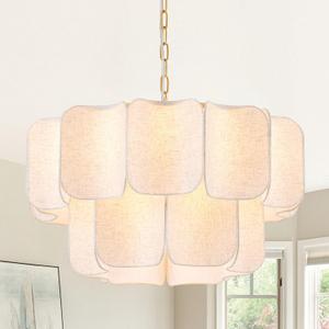 Modern Gold Chandelier 5-Light Round Chandeliers for Dining Room Vintage Modern Chandelier Light with Linen Shade 2-Tier Elegant Pendant Light for Kitchen Island Bedroom Living Room Foyer, UL Listed, Meduim-24.7''