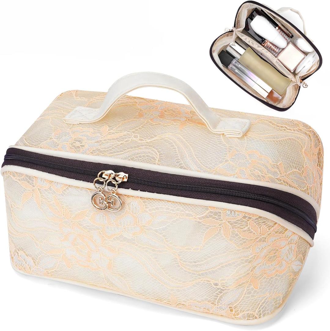 2026 New Makeup Bag for Women Girls,Lace Large Capacity Cosmetic Bag,Open Flat Travel Toiletry Bag,Hollow Out Makeup Organizer Bag With Divider and Handle(Apricot)