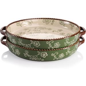AVLA 2 Pack Ceramic Pie Pan, 9 Inch Round Baking Dish with Double Handle, 28 Ounce Deep Quiche Plate for Kitchen, Cooking, Roasting Lasagna (Sakura, Green)