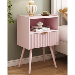Nightstand,Modern Bedside Table with Storage Drawer and Open Wood Shelf, for Living Room, Bedroom and Small Spaces, Accent Night Stand with Solid Wood Legs, Easy Assembly, Classic Pink