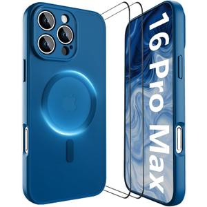 YFEMLAZ Magnetic for iPhone 16 Pro Max Case,with Screen Protectors X2,Full Camera Protection,Compatible with MagSafe,Translucent Matte,Anti-FingerprintShockproof Protective Phone Case,6.9",Blue