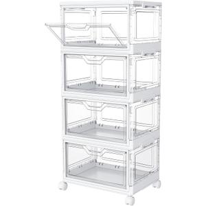 Clear Storage Bins with Lids,4 Tier Plastic Bins with Wheels,Stackable Storage Bin,Closet Organizers Box for Bedroom,Living Room,Toy,23 QT Folding Box with Magnetic door