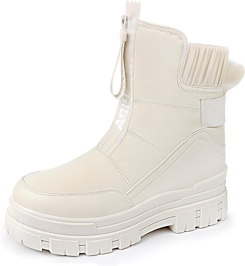 Winter Boots for Women Waterproof, Snow Boots for Women, Womens Mid Calf Low Heel Zip Up Anti-Slip Warm Booties Comfortable for Outdoor Walking Hiking (7, White)