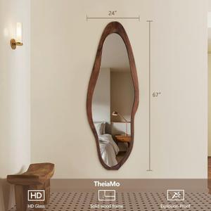 TheiaMo Irregular Full Length Mirror, 67"x24" Wooden Farmhouse Full Body Mirror, Large Asymmetrical Wall Mirrors for for Living Room Entryway Bedroom, Horizontal/Vertical, Woodgrain Brown