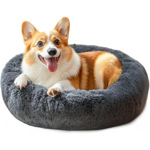 28in Large Dog Bed, Medium Size Dog and Cats, Calming Donut Bed for Puppy and Kitten, Washable Round Fluffy Pet Bed (Dark Grey)