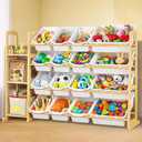 Kids Toy Storage Organizer with Bookshelf Wooden Shelf with 16 Bins & 3 Shelves, Quick Assembly Storage Rack for Playroom, Bedroom, Nursery - White
