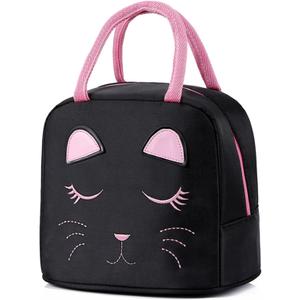Portable Insulated Lunch Bag for Kids Girls Cute Reusable Lunch Box for School Picnic Leakproof Lunch Tote Handbag(Black)