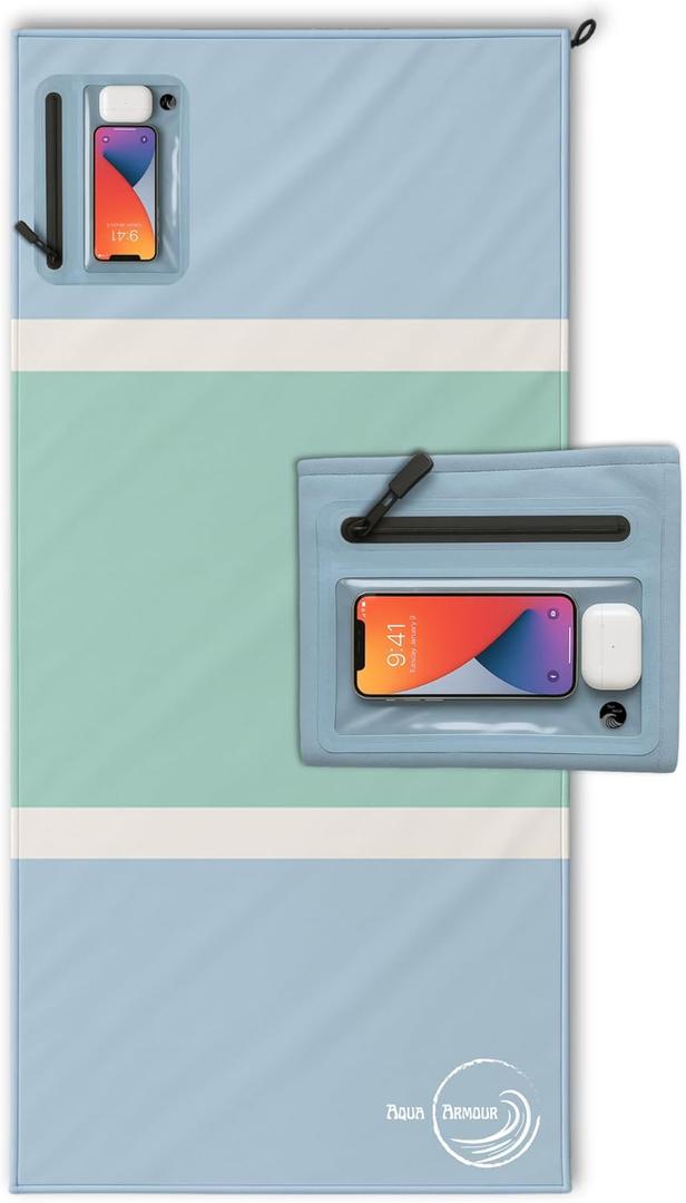 Quick Dry Beach Towel with Waterproof Phone Pocket  Sand Free, Compact Travel Towel for Pool, Boat, Camping & Outdoor Adventures (Mint)