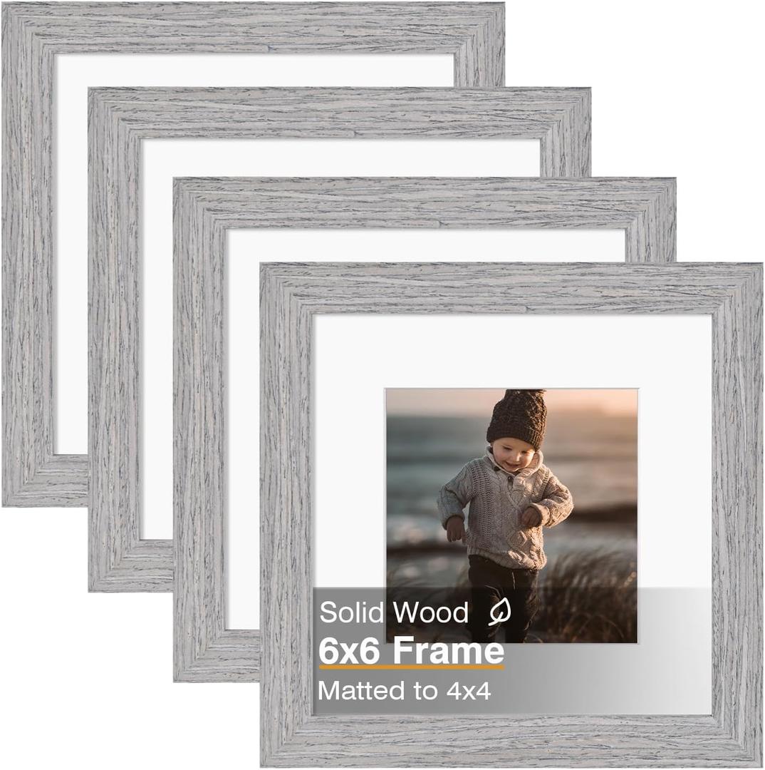 KINLINK 6x6 Picture Frame, Grey Square Solid Wood Frames for Pictures 4x4 with Mat or 6x6 without Mat, Wall and Tabletop Display Photo Frames Grey Wood 4 Pack