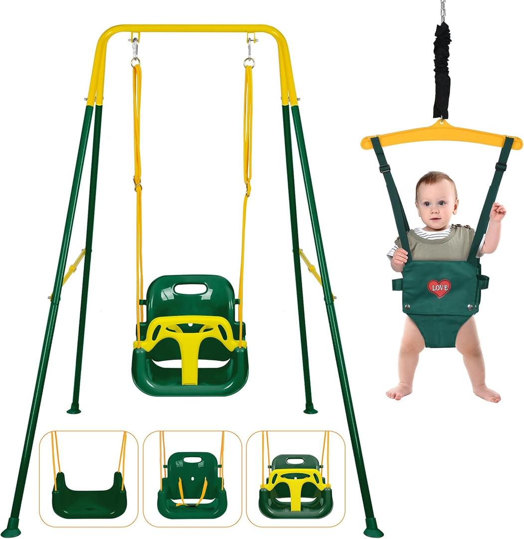 4 in 1 Toddler Swing Set & Baby Jumper, Foldable Swing Set for Backyard | Heavy Duty Kids Swing with Bouncer, Foldable Metal Stand for Indoor & Outdoor, Easy Install & Store