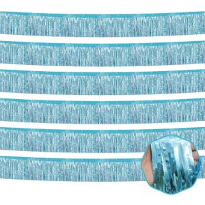 6 Pack 10 Ft Light Blue Foil Fringe Garland Metallic Tinsel Streamers Banner Wall Hanging Curtain Backdrop for Parade Floats, Christmas Day, Thanksgiving Day, Halloween, New Year Party Decoration