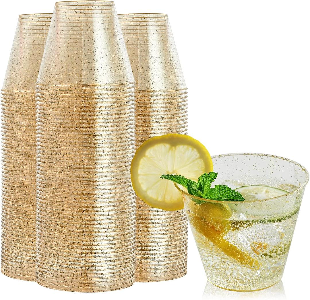 FOCUSLINE 9 oz Gold Plastic Cups, Disposable Clear Fancy Hard Plastic Cups, Gold Glitter, Heavy Duty, Reusable,100 Count