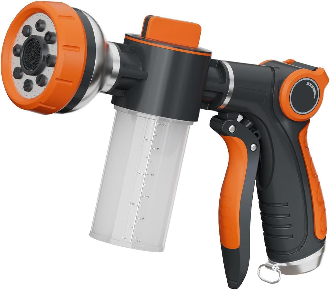 Garden Hose Nozzle,8 Patterns Hose Sprayer High Pressure,Heavy Duty Dog Wash,Metal Water Hose Nozzle with Soap Dispenser,Car Wash Foam Gun (Orange)