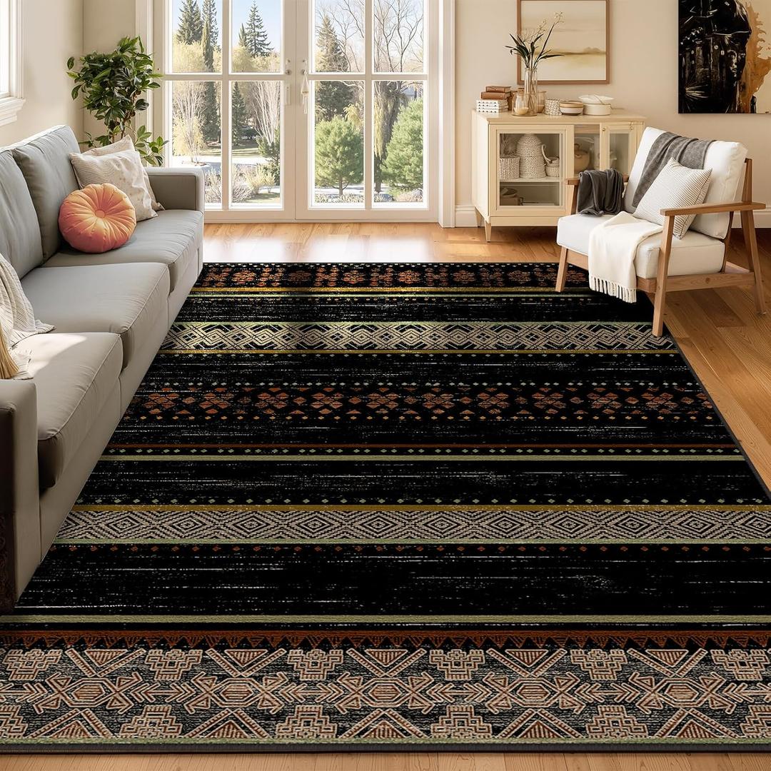 BESTSWEETIE 5x7 Area Rugs for Living Room Washable Moroccan Farmhouse Neutral Geometric Low Pile Non-Slip Soft Print Pattern Rug for Bedroom Kitchen Dining Room Entryway Black/Red/Brown/Cream/Yellow
