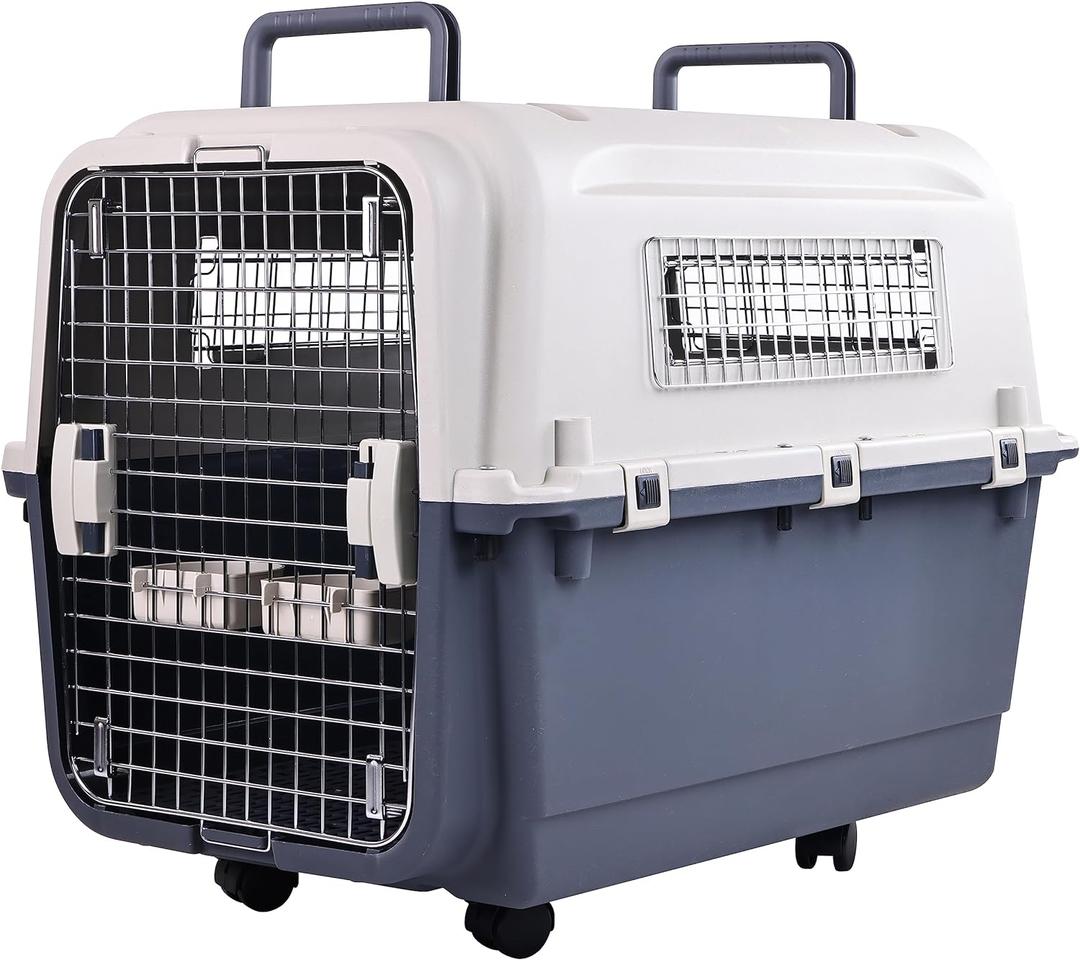 Plastic Kennels Pet Carrier Rolling Plastic Airline Approved Wire Door Travel Dog Crate, Large (30.7" L x 21.3" W x 22.8" H)