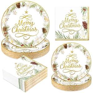 Homlouue Christmas Paper Plates and Napkins, Christmas Tree Gold Plate and Napkin Disposable, Holiday Paper Plates and Napkins Sets for Xmas Holiday Winter Dinner, Merry Xmas Plate for Party Supplies