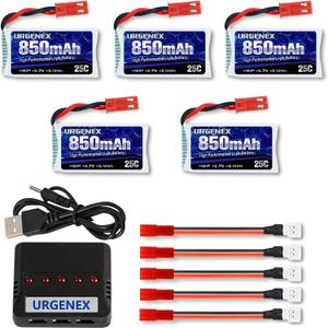 URGENEX 3.7V Lipo 850mah Rechargeable Lipo with JST Plug X5 Charger for MJX Syma Holy Stone Sky Viper RC Quadcopter Drone X56W X400 X400W X300C X400C X800 HS110 HS200 S670 V950hd S1750 V2450