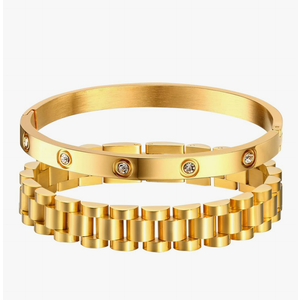 2pcs Gold Chain Link Bracelet, Stainless Steel Crystal Friendship Bracelets Bangle,Watch Band Chains Wristband Jewelry with Adjust Tool