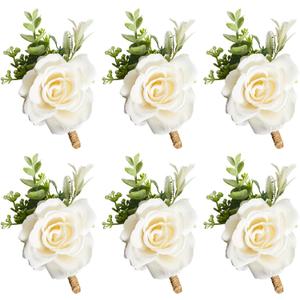 Ivory Rose Boutonniere for Men Wedding Set of 6 Groom Groomsmen Best Man Artificial Flowers Boutonniere for Wedding Ceremony Anniversary Prom Flowers Formal Dinner Party (6, White, Middle)