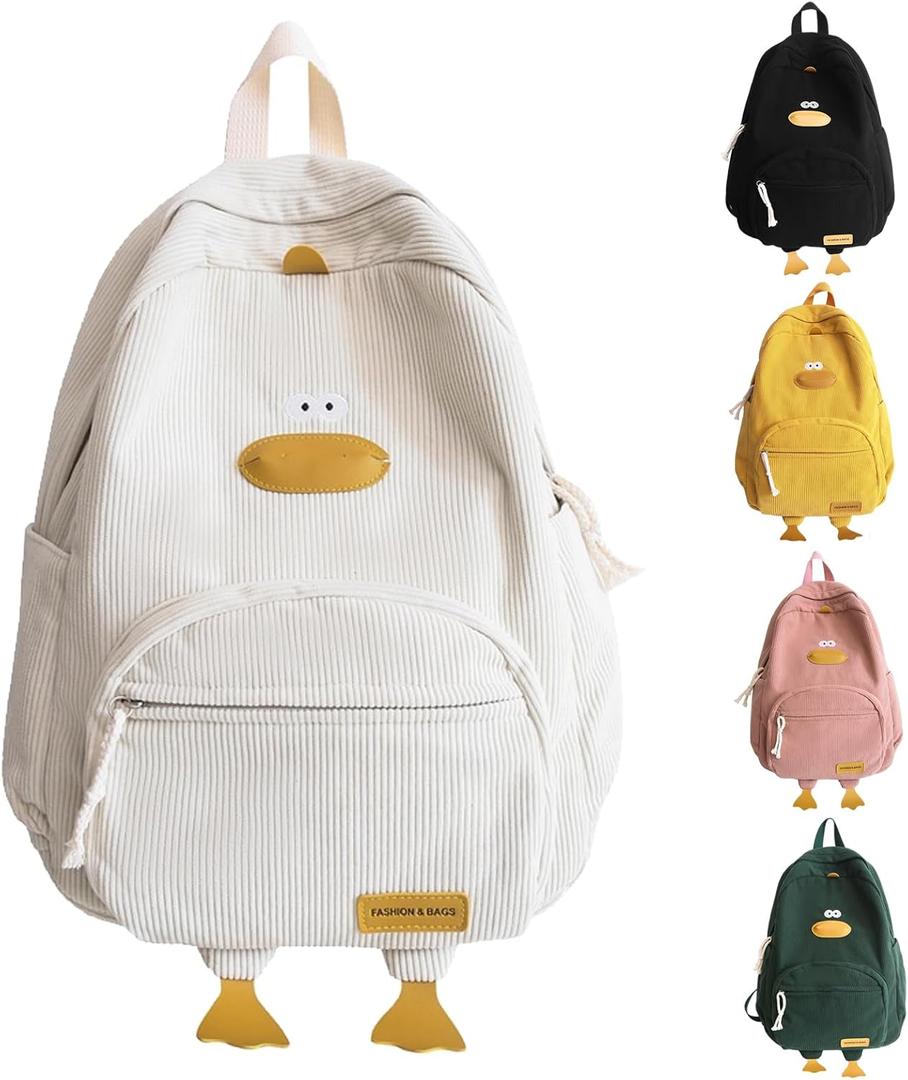 Duck Cute Backpack, Large Capacity Cute Funny Aesthetic Kawaii Corduroy Mochila (White)