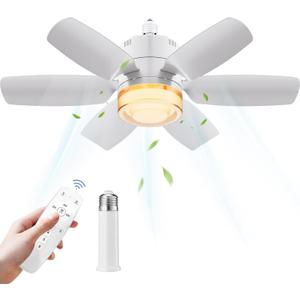 Socket Ceiling Fans with Lights and Remote, Socket Fan Llight, Dimmable LED Ceiling Fan with Lights,3 Colors 2800K-6500K, 1200 Lumens, Small Ceiling Fan for Bedroom, Kitchen, Living Room, Closet