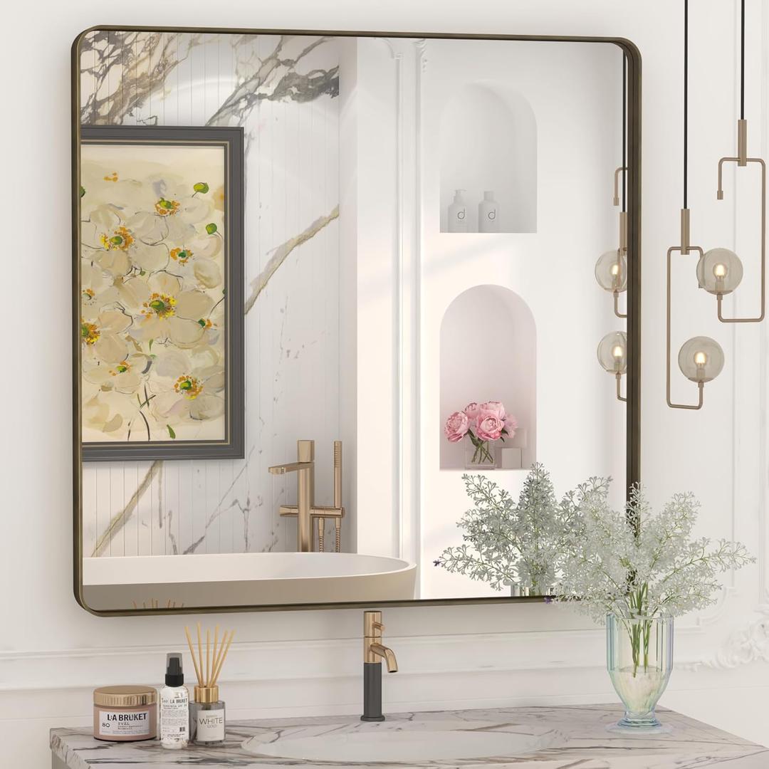 36x36 Square Bathroom Framed Mirror for Wall, Brushed Bronze Metal Bathroom Vanity Mirror, Rounded Rectangle Mirror, Anti-Rust, Tempered Shatterproof (Horizontal/Vertical)