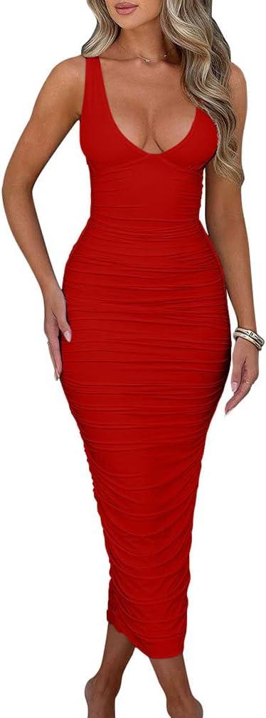 BEAGIMEG Women's Sexy Ruched Sleeveless Deep V Elegant Cocktail Evening Party Maxi Dress (Red), XL